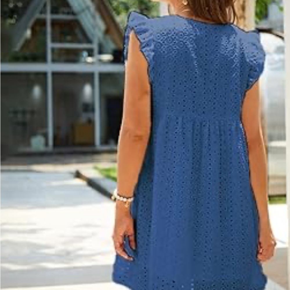 Blue Eyelet Babydoll Dress with Ruffle Sleeves - Size Large - Summer Chic - Picture 3 of 16